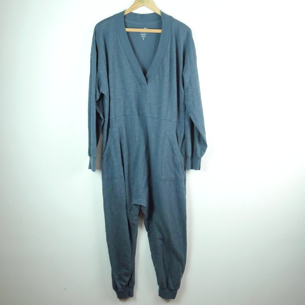 Natural Life Blue Cotton Slub Knit Long Sleeve Jumpsuit Small Relaxed Loungewear